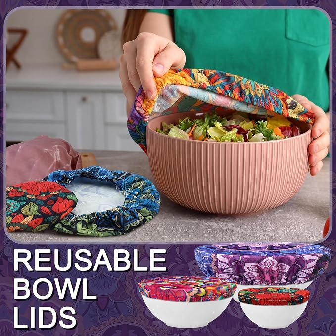 Patelai 10 Pcs Bowl Covers Reusable in 5 Size Stretch Cloth Fabric Elastic Food - Image 4