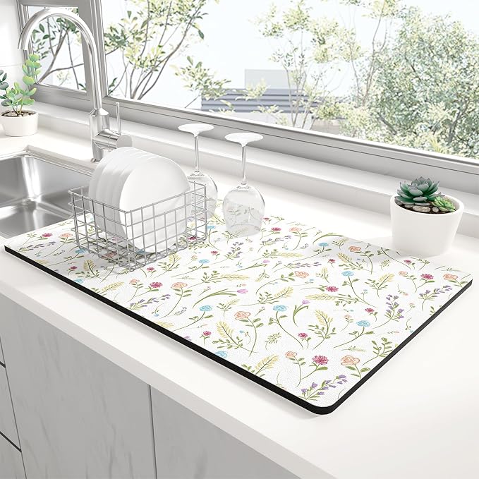 Rnivvi Dish Drying Mat for Kitchen Counter, 12 x 19" Cute Flower Theme Super by Rnivvi