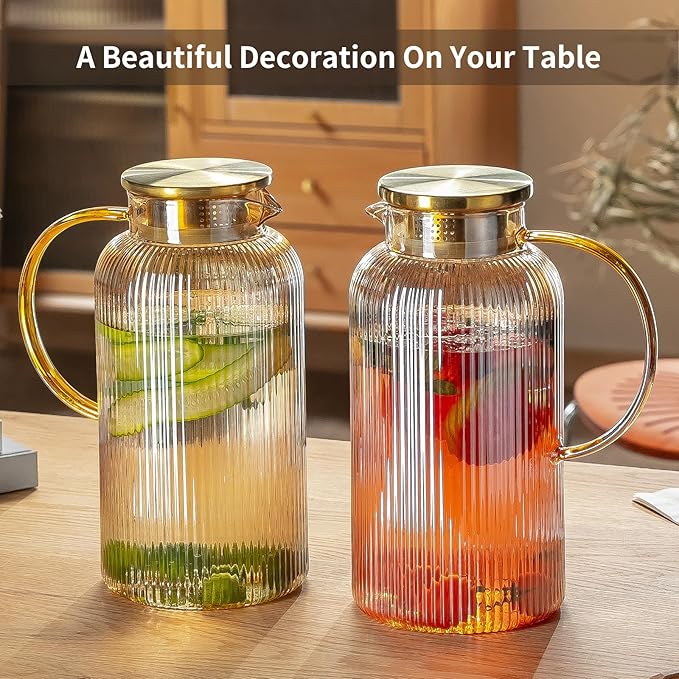 Buaic Glass Pitcher with Lid, 84oz/2.5 Liter Amber Classic Vertical Stripes - Image 7