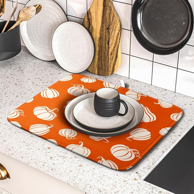 Fall Dish Drying Mat for Kitchen Counter Autumn White Pumpkins Festival - Image 5