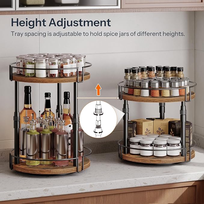 HOOBRO Lazy Susan Organizer Spice Rack, 2-Tier Height Adjustable Rotating Spice - Image 3
