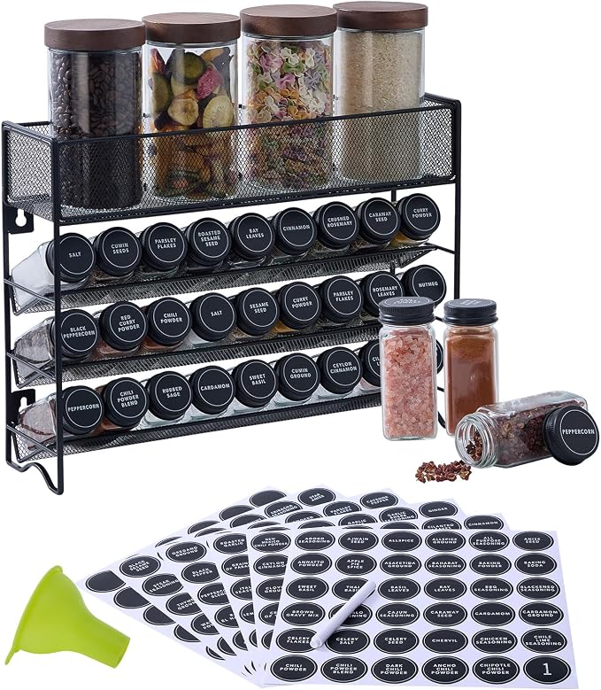 Spice Rack Organizer with 27 Spice Jars with Black Lids, Spice Labels, by Fiwence