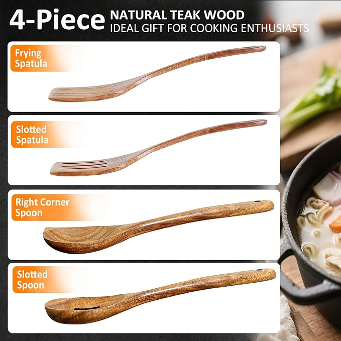Wooden Spoons for Cooking, 4 Piece Natural Premium Teak Wooden Cooking Utensils - Image 5