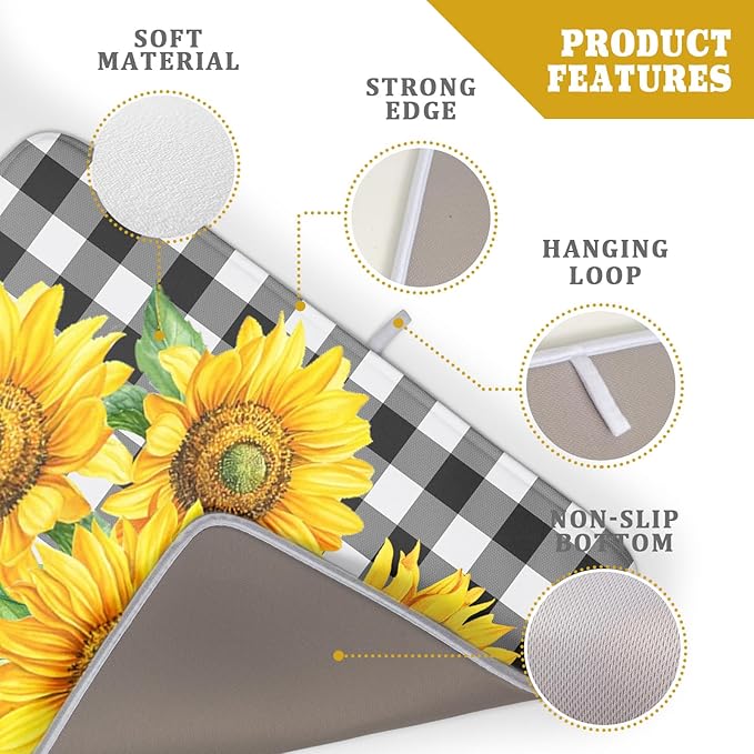Sunflower Dish Drying Mat for Kitchen Counter Black White Buffalo Plaid - Image 4