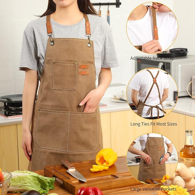 Tosewever Canvas Cross Back Chef Cotton Aprons - Image 5