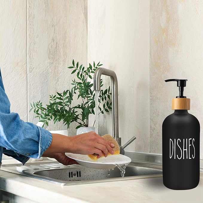 Sunrise Premium 16 OZ Thick Black Glass Soap Dispenser, Bamboo Pump - Image 4