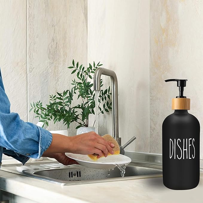Sunrise Premium 16 OZ Thick White & Black Glass Soap Dispenser, Bamboo Pump - Image 4