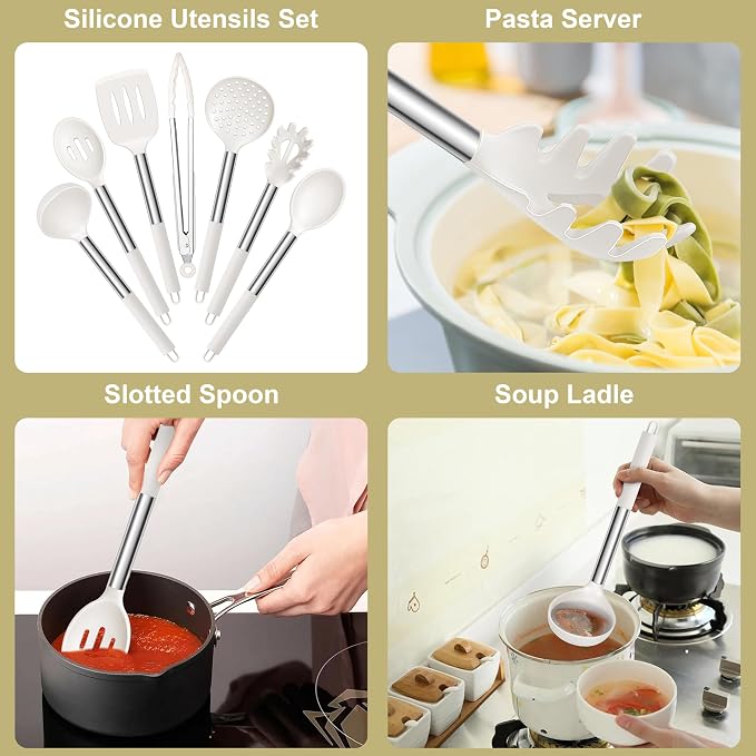 E-far Silicone Cooking Utensils Set, Slotted Turner, Soup Ladle, Pasta Server - Image 3