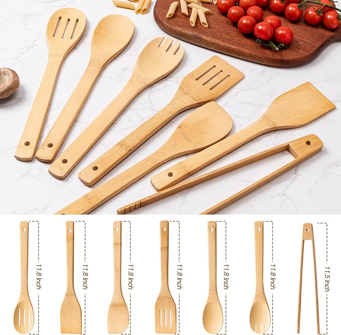 Eisinly Wooden Spoons for Cooking 7-Piece, Kitchen Nonstick Bamboo Cooking - Image 2