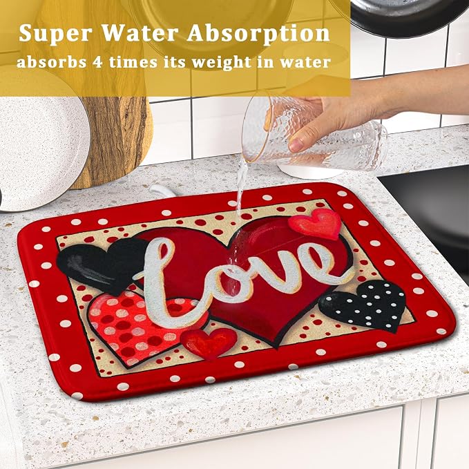 Love Heart Dish Drying Mat 16"x18" Red Dots Microfiber Dish Rack Mat Holiday - Image 7