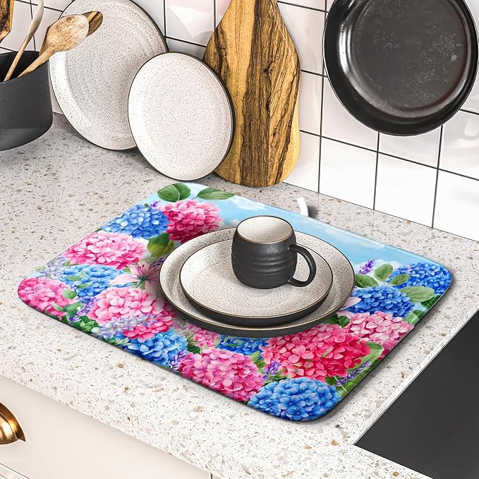 Hydrangea Floral Dish Drying Mat Cute Cat Microfiber Absorbent Dish Drying Pad - Image 5