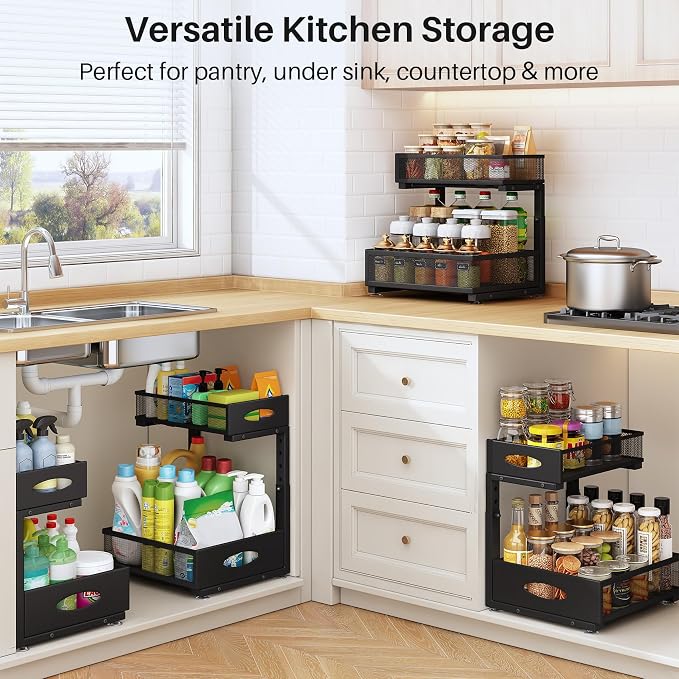 Under Sink Organizer, 2 Pack 2 Tier Pull Out Under Cabinet Organizer Shelf - Image 8