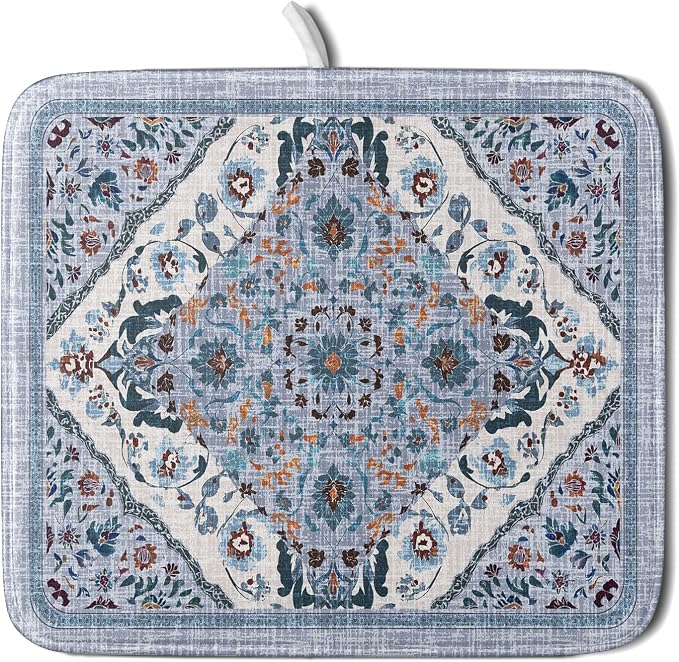 Boho Flower Dish Drying Mat Blue Bohemian Dishes Drainer Rack Mat 16x18 Inch by Giwawa
