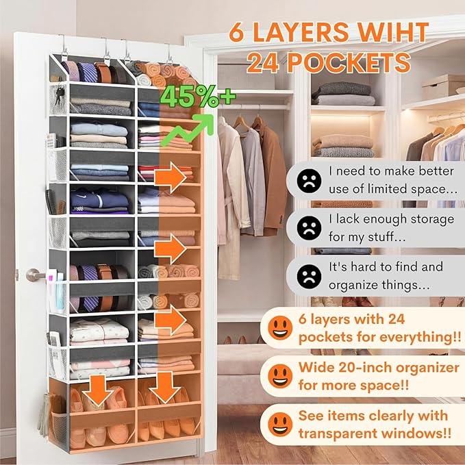 Over the Door Organizer 6 Tiers, Extra Large Behind Door Storage of 12 - Image 2