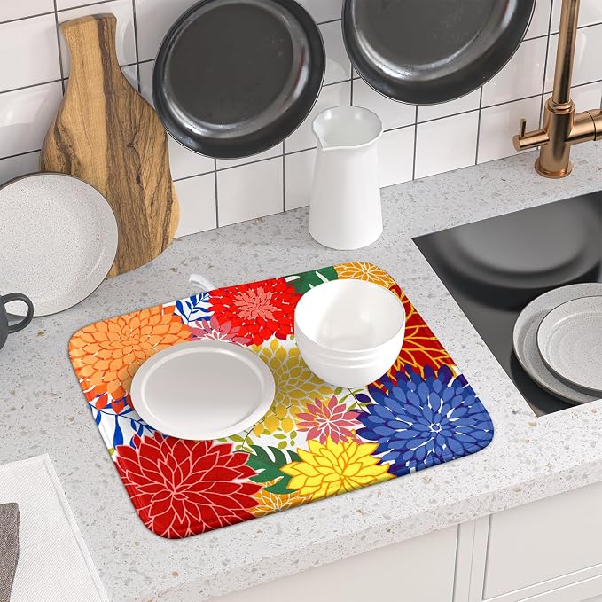 Modern Floral Dish Drying Mat 16x18 in Multicolored Tropical Drying Pad - Image 6