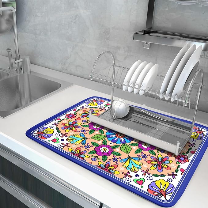 Mexican Talavera Dish Drying Mat Navy Blue Large Microfiber Dish Drain Pad - Image 5