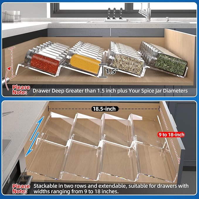 MIUKAA Clear Acrylic Spice Drawer Organizer, 4 Tier- 2 Set Expandable From 9" - Image 4