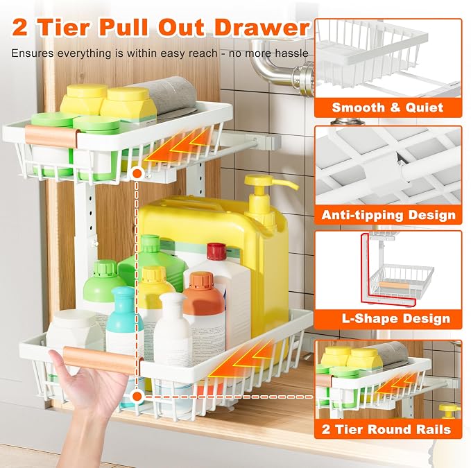 Under Sink Organizer, 2 Pack 2 Tier Under Sink Organizers and Storage, Slide - Image 4