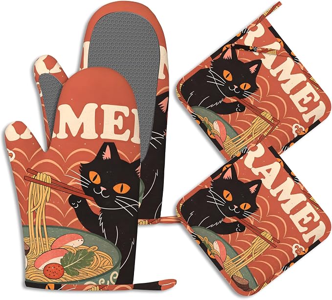 Black Cat Ramen Oven Mitts and Pot Holders Abstract Funny Silicone Kitchen by BIGXIUKA