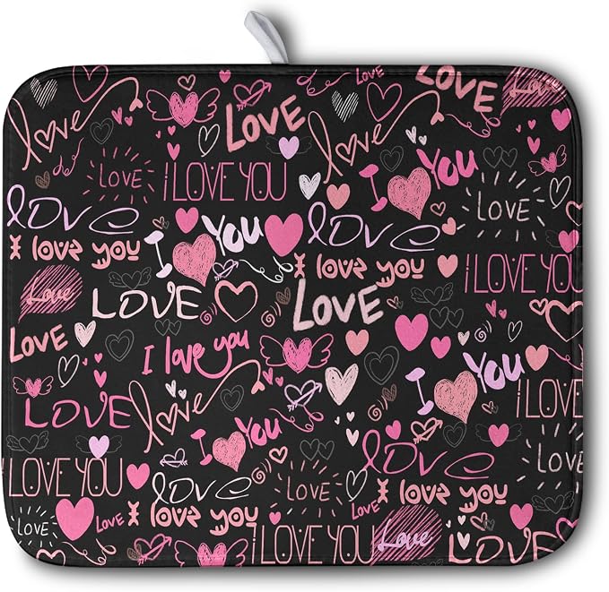 Mother's Day Dish Drying Mat for Kitchen Counter Love Heart Black Drying Mats by Kwlegh
