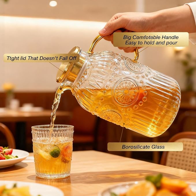 Amzcku Glass Pitcher with Lid, 101 oz/ 3 Liter Vintage Water Pitcher, Water - Image 4
