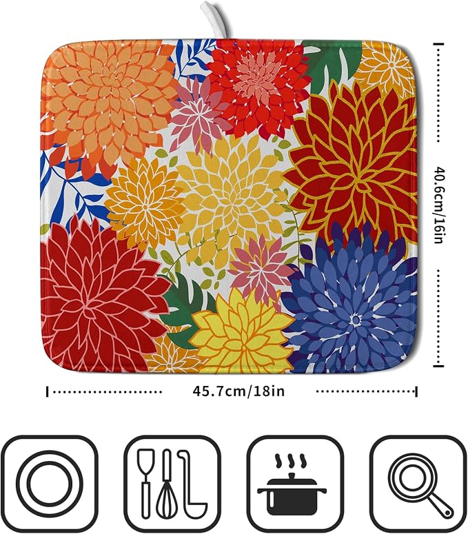 Modern Floral Dish Drying Mat 16x18 in Multicolored Tropical Drying Pad - Image 2