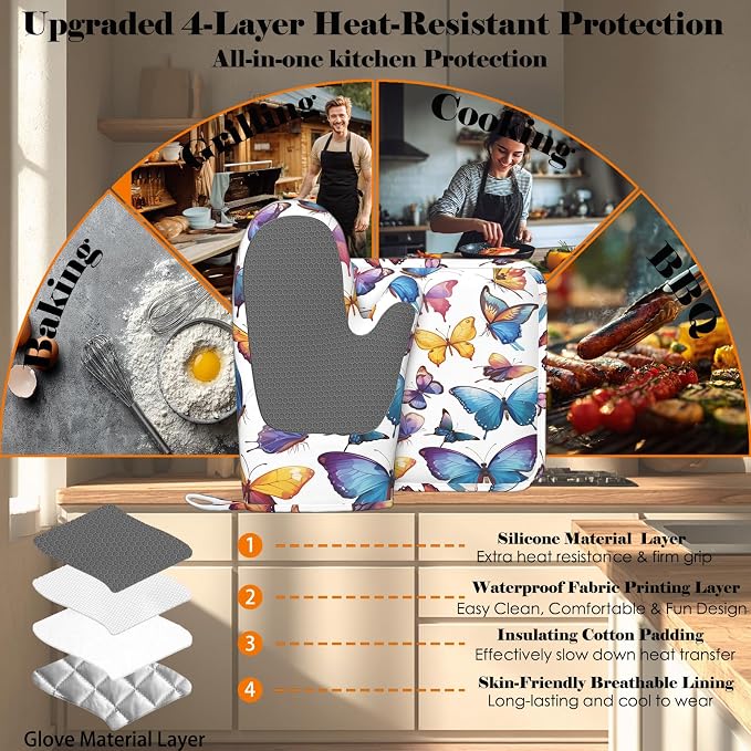 Colorful Butterflies Heat-Resistant Oven Mitts and Pot Holder Kitchen Non-Slip - Image 4