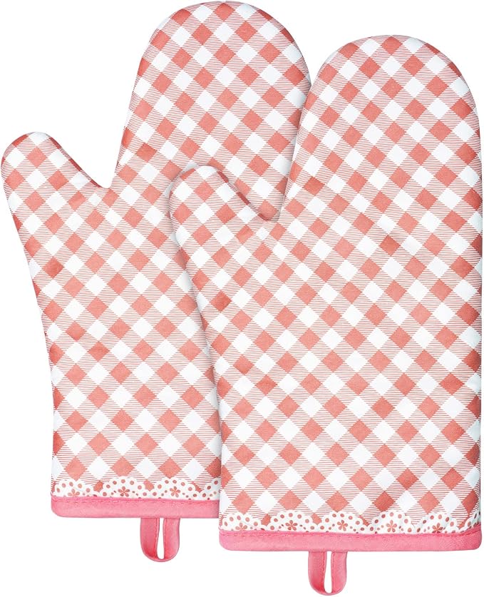 AUAUY Pink Oven Mitts, Kitchen Mittens, 392F Heat Resistant Non-Slip Gloves by AUAUY