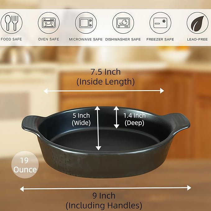 Oval Au Gratin Baking Dishes Set of 4 9" x 5" 19 oz matte black Ceramic Oven - Image 2