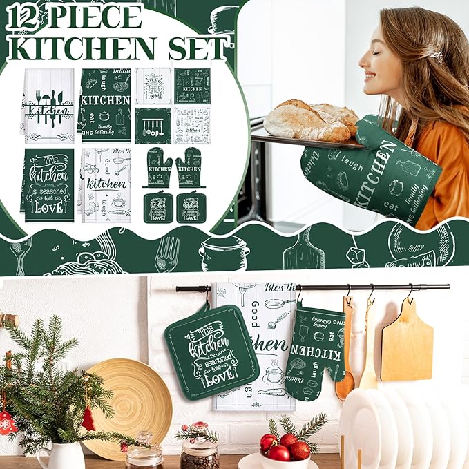 12 Pcs Farmhouse Kitchen Decor and Accessories Sets 4 Green Kitchen Towels 4 - Image 2