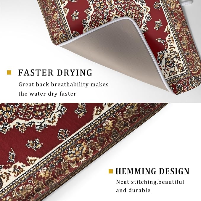 Giwawa Vintage Boho Dish Drying Mat Antique Tribal Rustic Red Floral Dish - Image 3