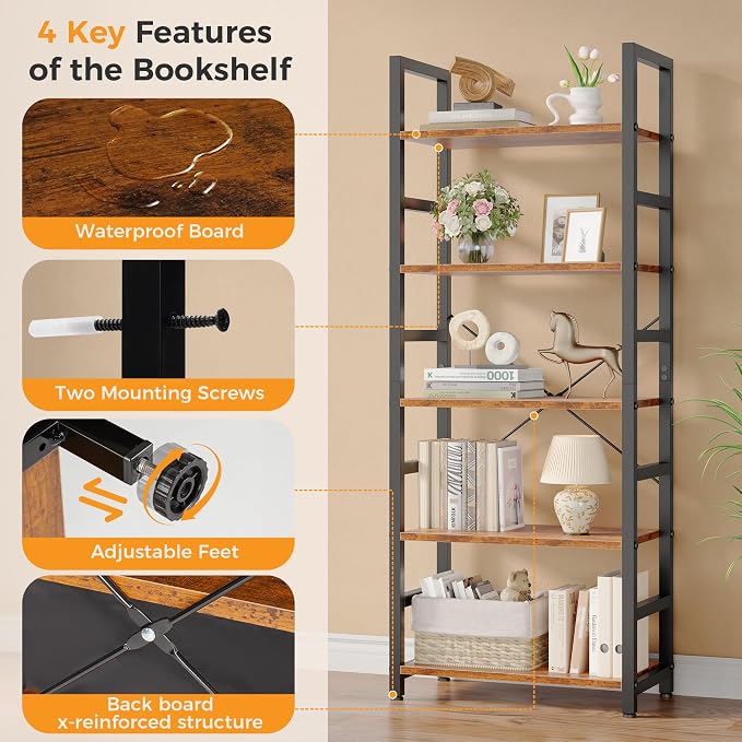 DUMOS 5-Tier Bookshelf, Modern Tall Bookcase, Open Storage Display Shelf - Image 8
