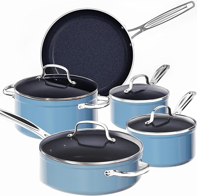 Nuwave 9pc Cookware Set Healthy Duralon Blue Ceramic Nonstick Coated, Diamond by NuWave