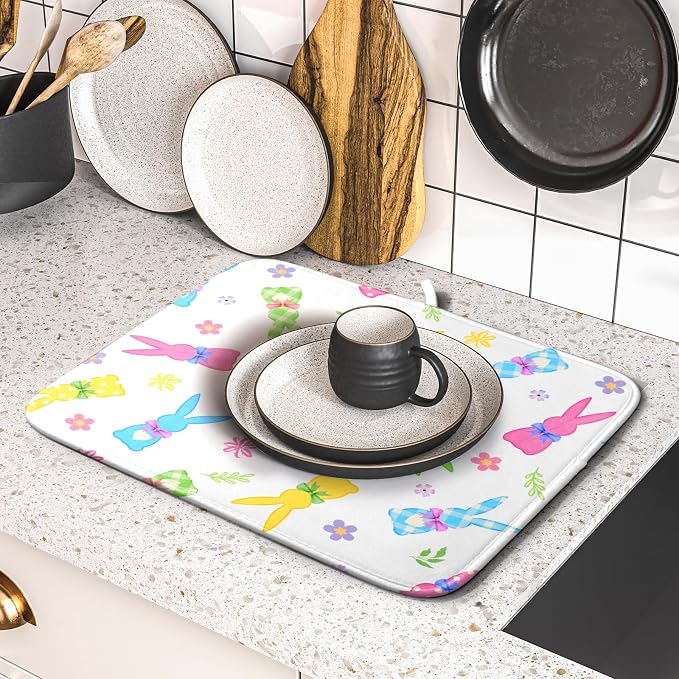 Easter Dish Drying Mat for Kitchen Counter Cute Bunny Floral Holiday Microfiber - Image 5
