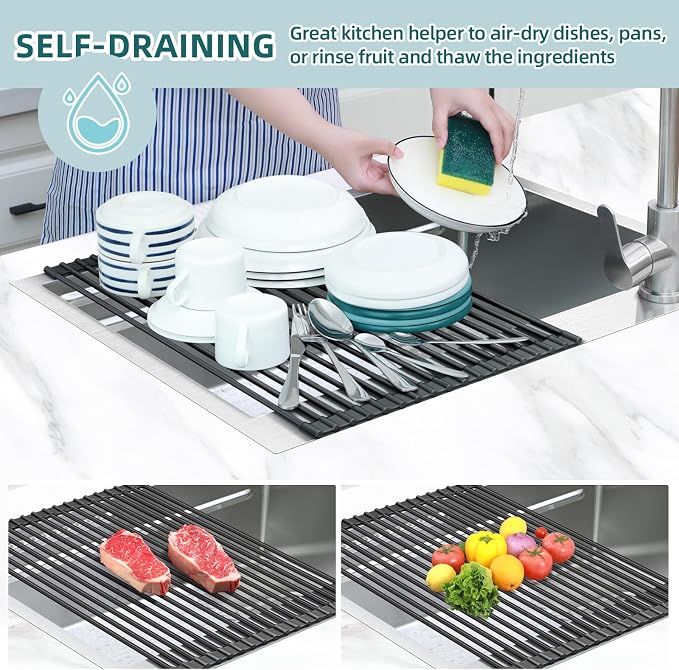 Ohuhu Over The Sink Dish Drying Rack, 20.5" W x 13.1" L Rolling Dish Drainer - Image 3