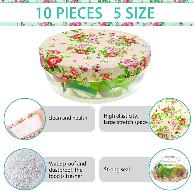 Patelai 10 Pcs Bowl Covers Reusable in 5 Size Stretch Cloth Fabric Elastic Food - Image 4