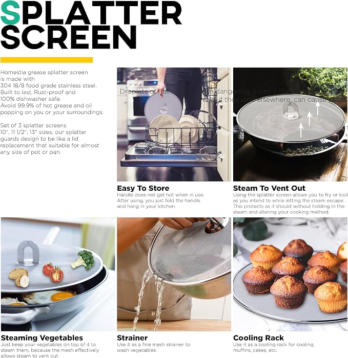 Homestia Splatter Screen for Kitchen, Stainless Steel Fine Mesh Splatter Screen - Image 6