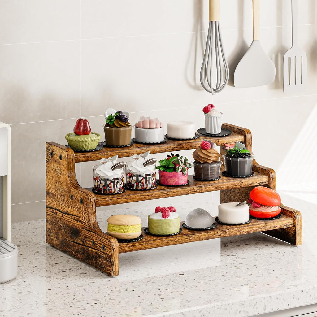 KLM 3-Tier Spice Rack, 13.8 Inch Wood Step Shelf Countertop Spice