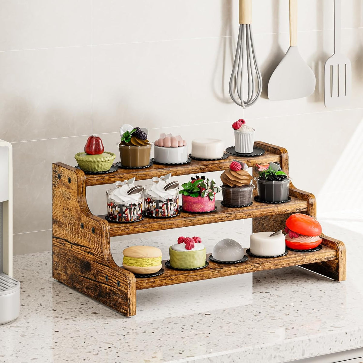 KLM 3-Tier Spice Rack, 13.8 Inch Wood Step Shelf Countertop Spice