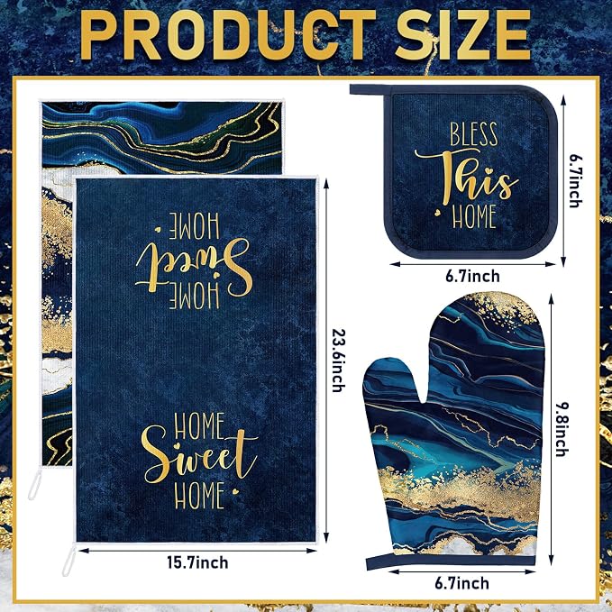 Leinuosen 8 Pcs Blue Marble Kitchen Decor Dish Towels and Oven Mitts Sets Pot - Image 3
