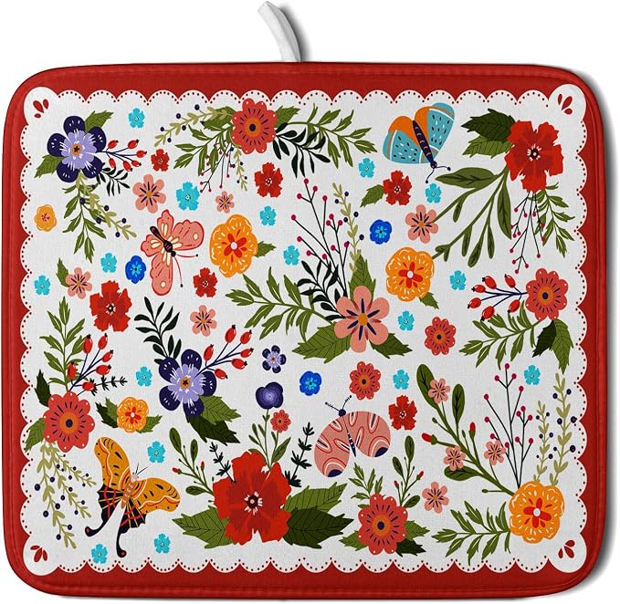 Flowers Printed Dish Drying Mat Floral Coffee Mat by Giwawa