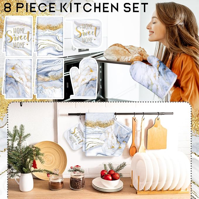 Leinuosen 8 Pcs White Marble Kitchen Decor Dish Towels and Oven Mitts Sets Pot - Image 2