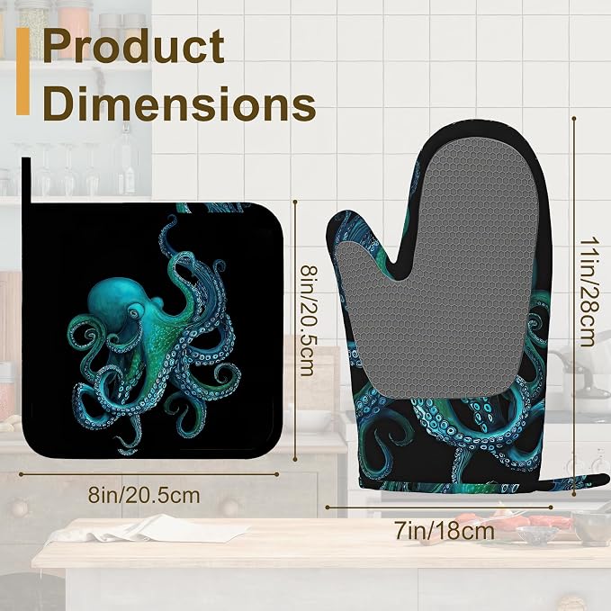 Oven Mitts and Pot Holders Green Octopus Silicone Kitchen Accessories Set of 4 - Image 2