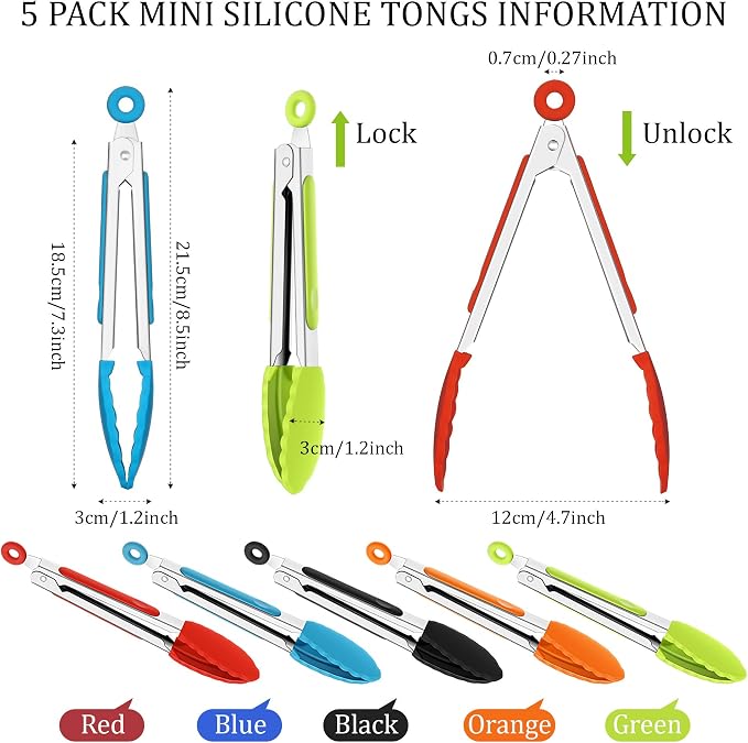 Mudder 5 Pack Mini Kitchen Tongs 7 Inch Silicone Tongs - Image 2
