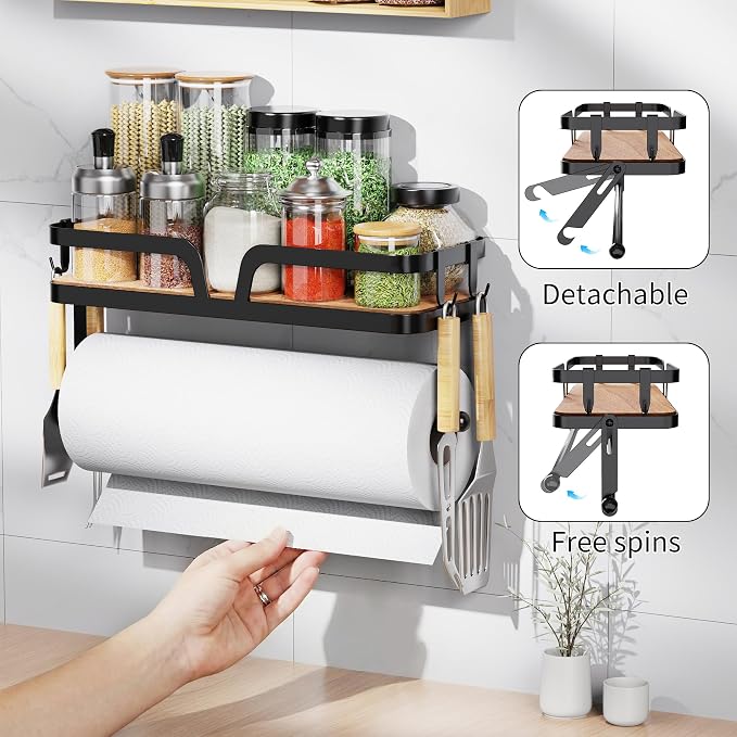 Taozun Paper Towel Holder Wall Mount, Kitchen Paper Holder Spice Rack Black - Image 4