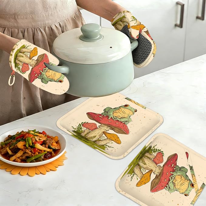 Green Frog Oven Mitts and Pot Holders Sets, Silicone Mushroom Kitchen Mitts - Image 7