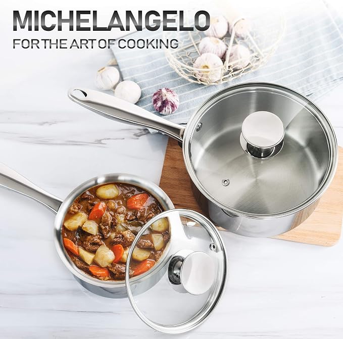 MICHELANGELO Stainless Steel Saucepan Set 1Qt & 2Qt, 18/10 Stainless Steel Pot - Image 7