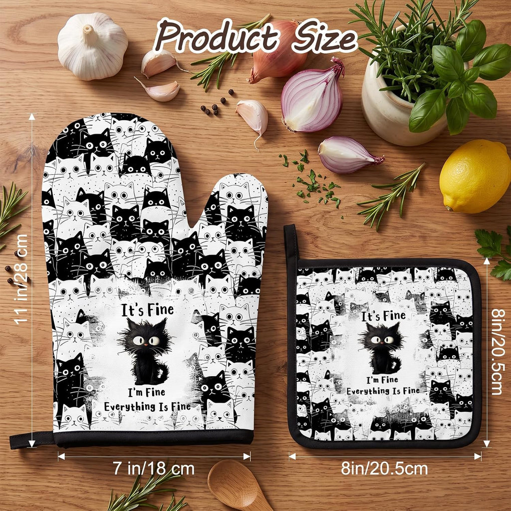 Black Cat Oven Mitts and Pot Holders Sets 3PCS, Cat Silicone Heat
