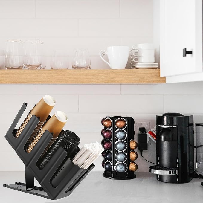 Paper Cup and Lid Holder with Straw Organizer, Disposable Coffee Cup Dispenser - Image 4