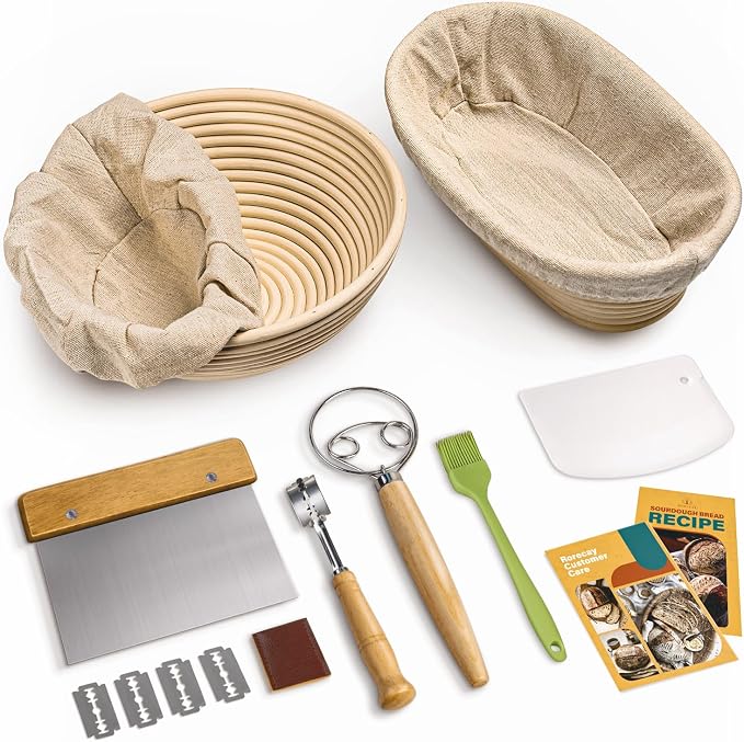 RORECAY Bread Banneton Proofing Basket Set, 9 Inch Round & 10 Inch Oval Cane by Rorecay
